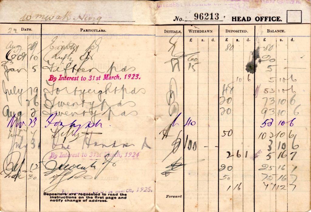 Deposits and withdrawals from ASB account 1922-1925